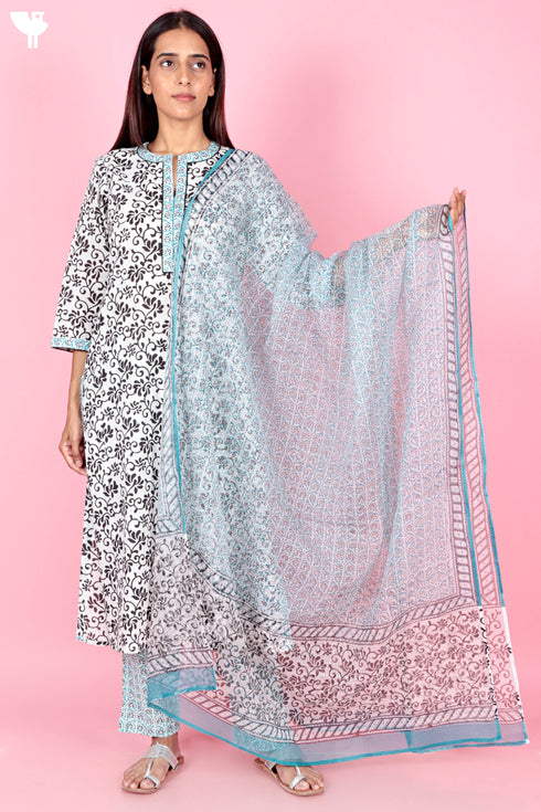 Cotton Kurta Pant Set With Kota Dupatta In Block Print